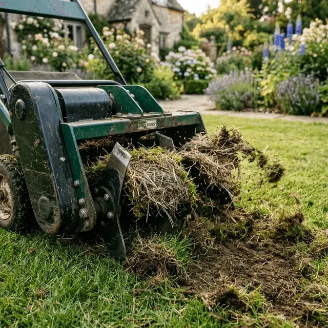 Professional petrol scarifier in action on a Padstow lawn renovation by Green Stripe