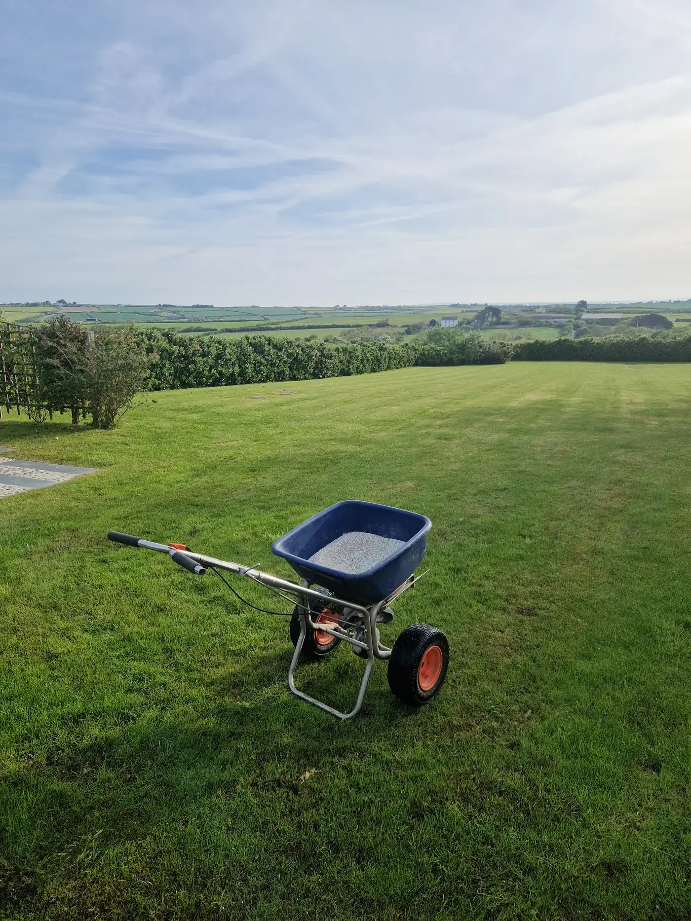 Calibrated professional spreader applying granular water conserver to a North Cornwall lawn